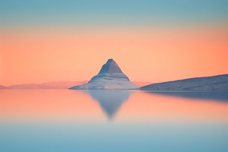 Mountain reflected in the water of a lake at sunset, Icelandの素材
