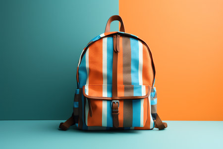 Blue striped backpack on a blue and orange backgroundの素材