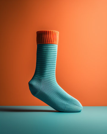 A pair of blue socks on a blue and orange background with copy spaceの素材