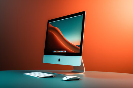 Computer monitor with keyboard and mouse on table. 3D illustration.の素材