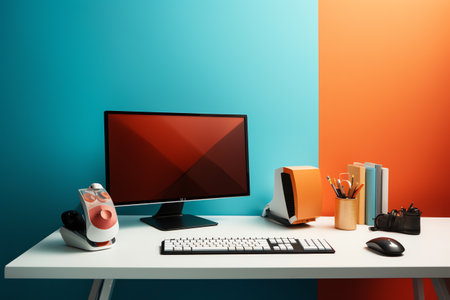 Modern workspace with computer and office supplies on table. 3D Renderingの素材