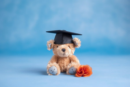 Teddy bear with graduation cap and orange flower on blue background.の素材