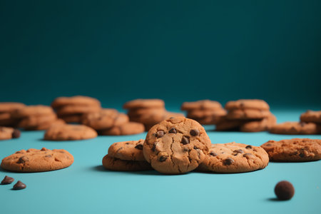 Chocolate chip cookies on a blue background. Selective focus.の素材