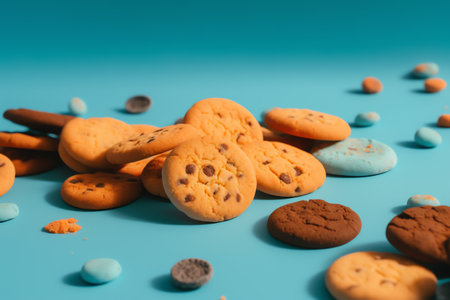 Colorful cookies on blue background with copy space. Top view.の素材
