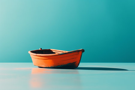 Wooden boat on blue background. Minimal concept. Copy space.の素材
