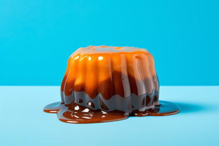 Caramel pudding with caramel sauce on blue backgroundの素材