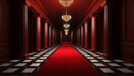 3D render of a red carpet in a classic hallway with columnsの素材