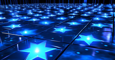 Glowing blue stars on a dark background. 3d rendering, 3d illustration.の素材