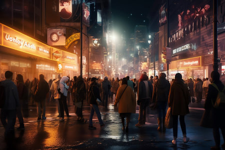 Crowd of people walking in Times Square at night in New York, USAの素材