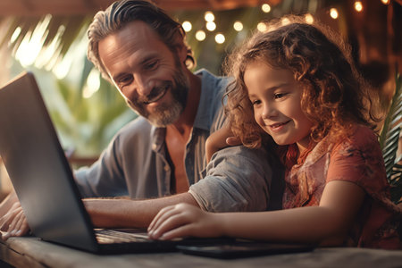 Cute little girl and her handsome dad are using a laptop and smiling while spending time together at homeの素材