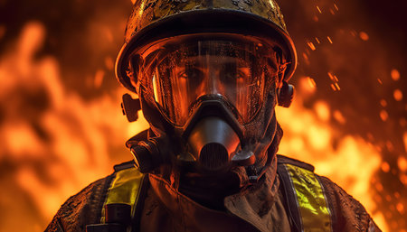 Firefighter in gas mask and helmet. Close-up portrait of fireman.の素材
