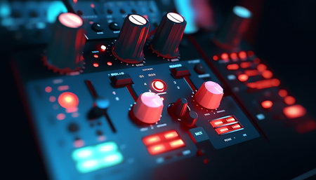Dj mixer control panel with colorful lights. 3d illustration.の素材