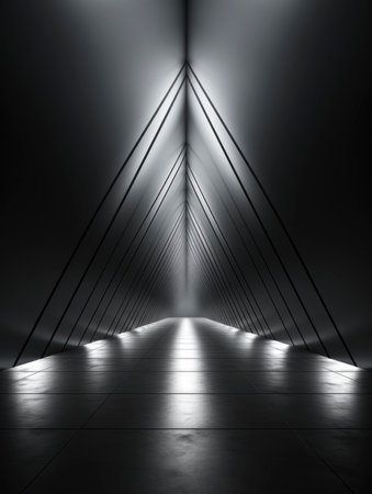 abstract scene of a dark corridor with lights and shadow on the floorの素材