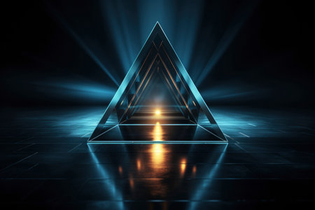 Abstract glowing triangle on dark background. Futuristic concept. 3D Renderingの素材