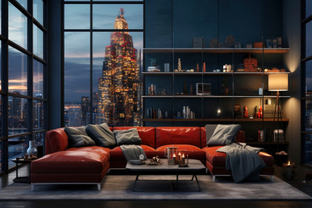Photo of a festive interior with a comfortable sofa and a decorated christmas treeの素材