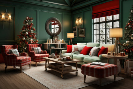 Photo of a festive interior with a comfortable sofa and a decorated christmas treeの素材