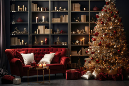 Photo of a festive interior with a comfortable sofa and a decorated christmas treeの素材