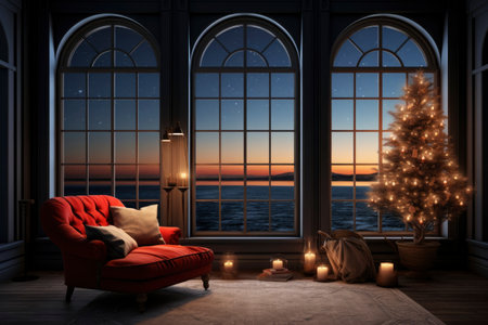 Photo of a festive interior with a comfortable sofa and a decorated christmas treeの素材