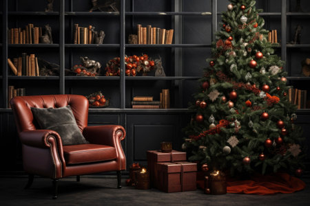 Photo of a festive interior with a comfortable sofa and a decorated christmas treeの素材
