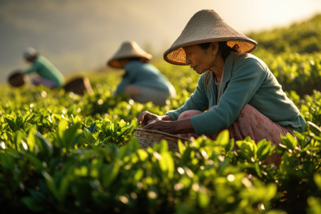 Photo of a farmer picking tea leavesの素材
