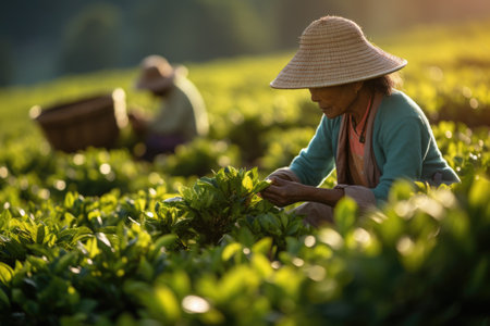 Photo of a farmer picking tea leavesの素材