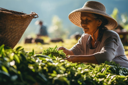 Photo of a farmer picking tea leavesの素材