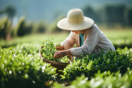 Photo of a farmer picking tea leavesの素材