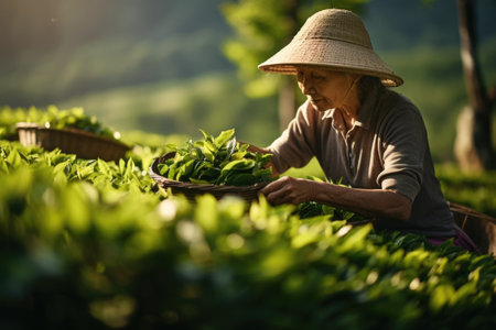 Photo of a farmer picking tea leavesの素材