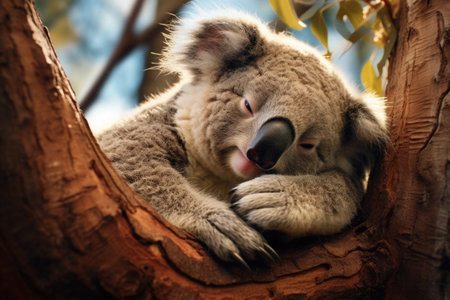 Photo of a koala sleeping in a treeの素材