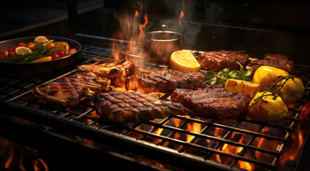 Beef steak on the grill with smoke and flamesの素材