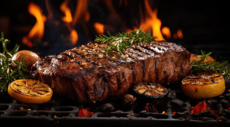 Beef steak on the grill with smoke and flamesの素材