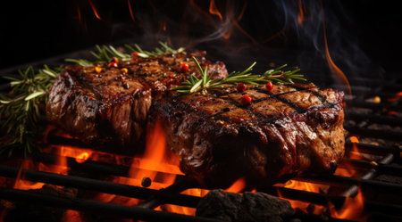 Beef steak on the grill with smoke and flamesの素材