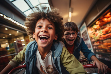 photo of children having fun at the grocery storeの素材