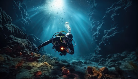 photo of a diver under the seaの素材