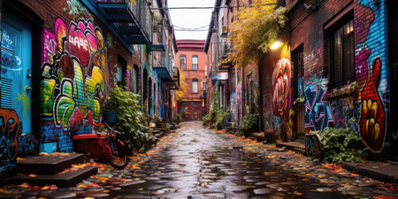 View of walls covered in graffitiの素材