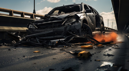 Car accident on the road. Close-up of a damaged car after collision.の素材