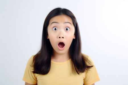 Surprised asian girl with mouth open on white background.の素材
