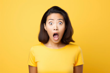 Potrait of shocked and surprised face of an asian womanの素材