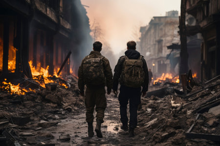 Rear view of man and woman standing in front of destroyed buildingの素材