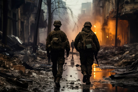military police in action during a tactical operation at night. Smoke, fire and people on the background.の素材