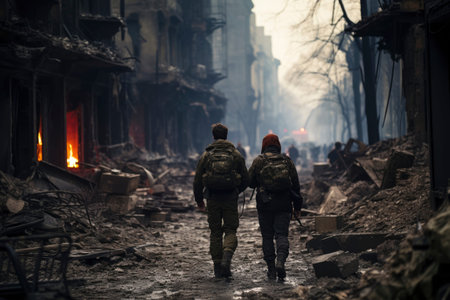 Man and woman walking in the middle of a burnt city street. Defocused background.の素材