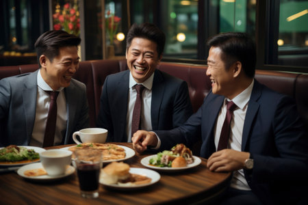 Photo of asian people having dinner togetherの素材