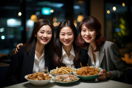 Photo of asian people having dinner togetherの素材