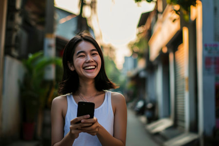 Photo of an asian woman using smartphoneの素材