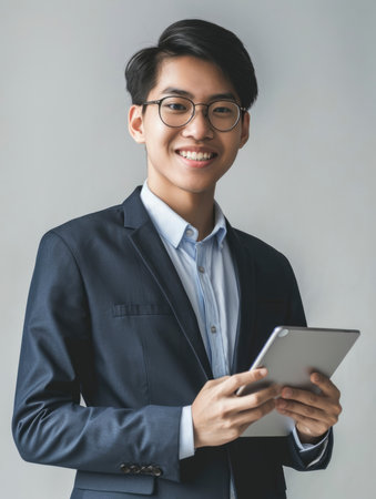 Photo a businessman holding gadgetの素材