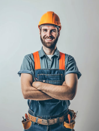 Photo a worker smiling with isolated backgroundの素材