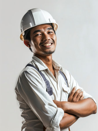 Photo a worker smiling with isolated backgroundの素材