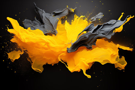 Black and yellow paint splashes isolated on black background. 3d renderingの素材