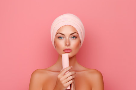 Portrait of a beautiful young woman with a pink towel on her head and a cosmetic tube in her hand on a pink backgroundの素材