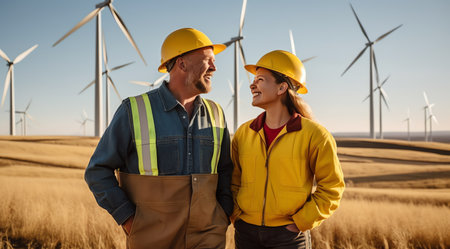 Portrait of a male engineer and female engineer standing in front of wind turbinesの素材